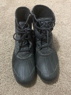 Sperry Black and Gray Herringbone Lace-Up Duck Boots